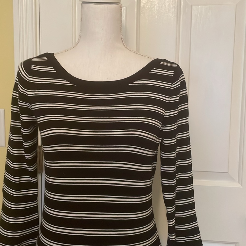 White House Black Market Black & White Striped Top w/ Bell Sleeves - Picture 2 of 8